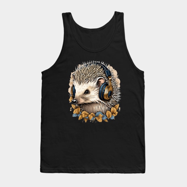 Cute Hedgehog with Headphones Blue Gold design Tank Top by Edgi